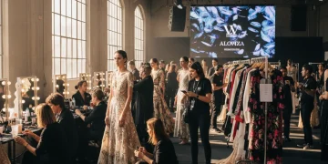 Modelos preparándose entre bastidores en un evento de moda español de gran escala en 2026, con estilistas y equipo técnico.