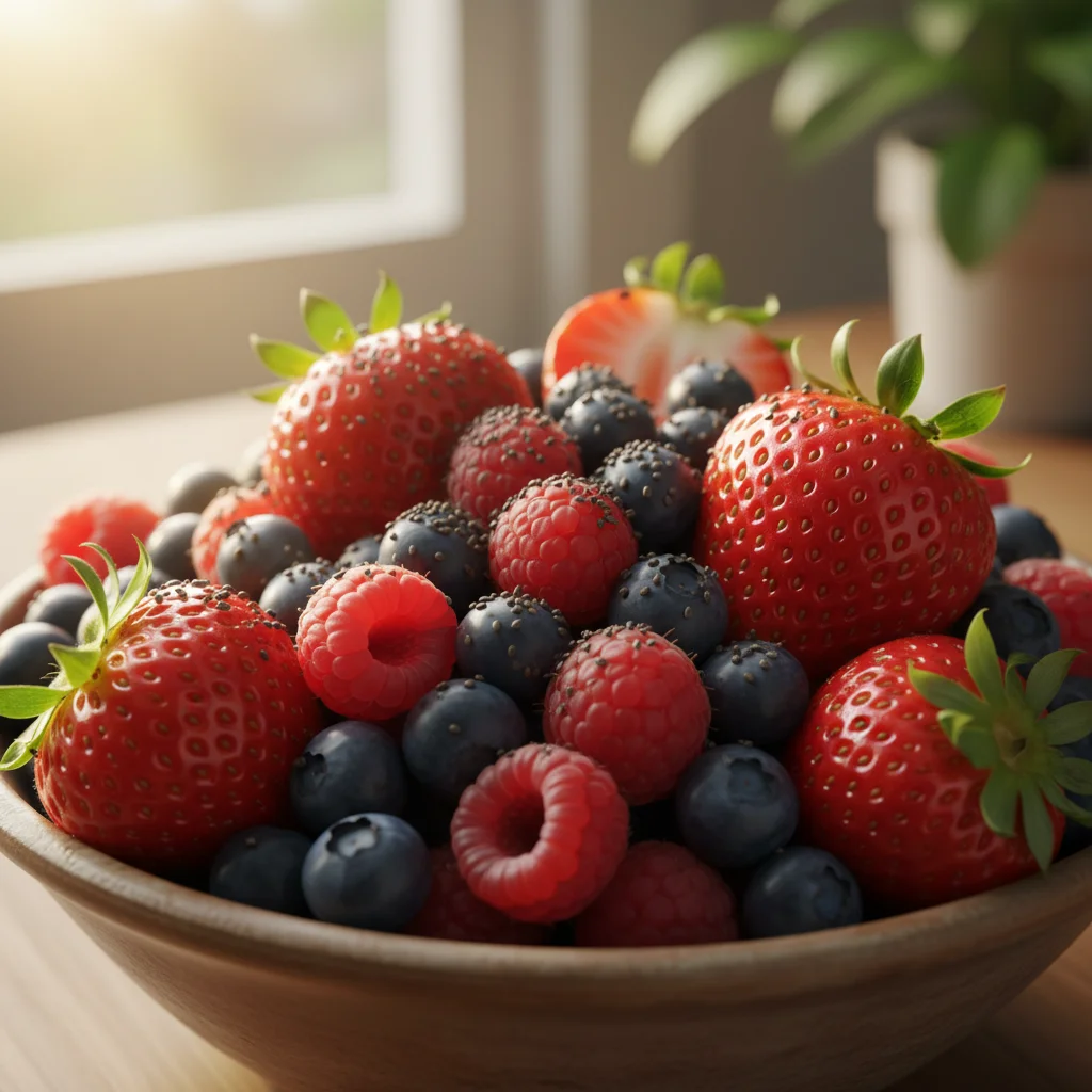 Primer plano de bayas frescas y semillas de chía, ricas en antioxidantes beneficiosos para la piel.