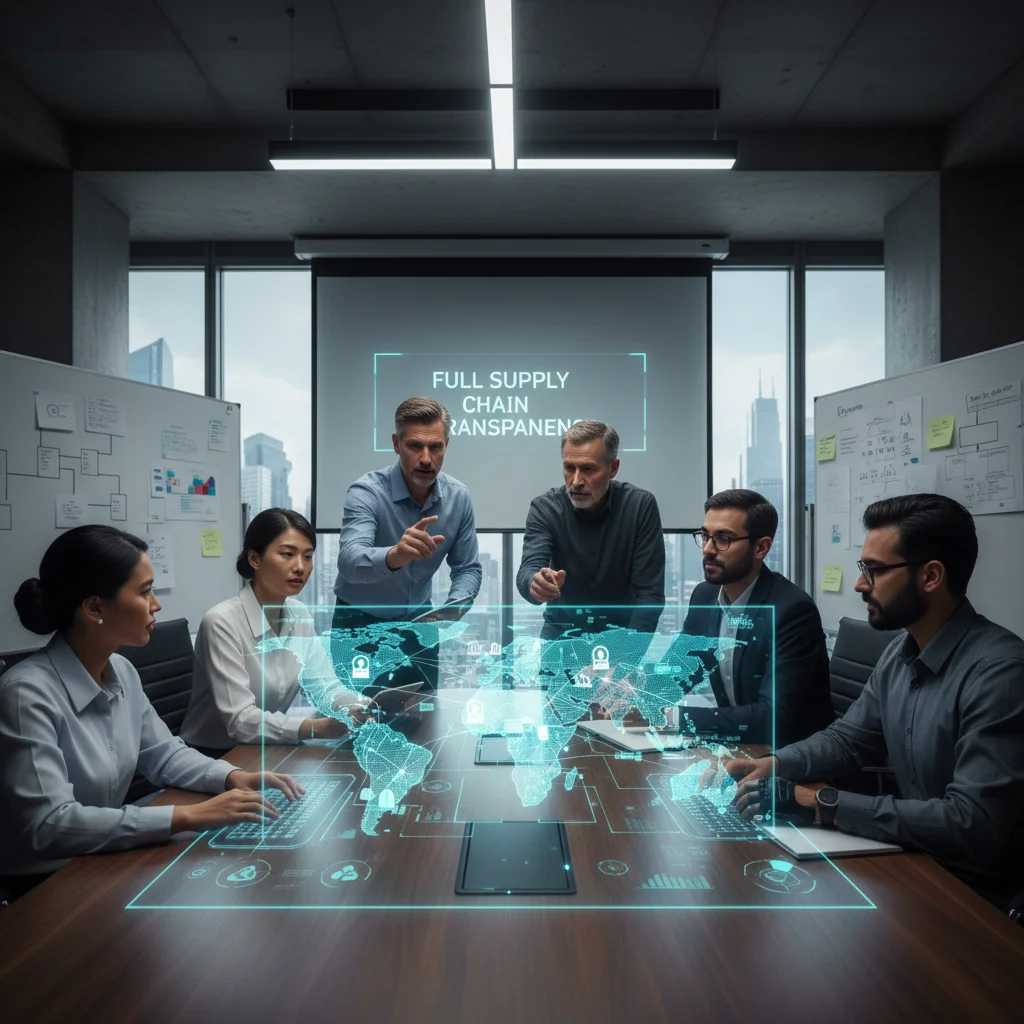 Profesionales de logística, TI y sostenibilidad colaborando en una mesa con un mapa holográfico de cadena de suministro, planificando la transparencia.