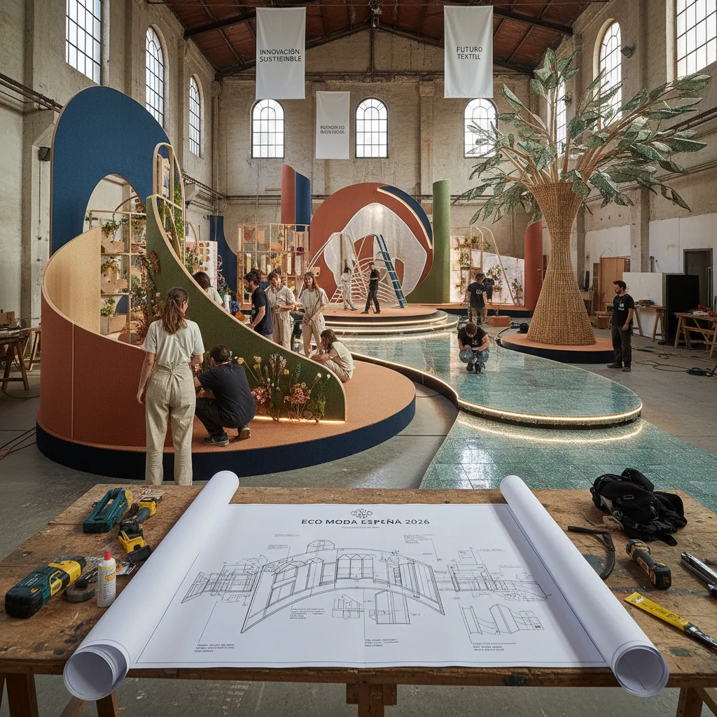 Construcción de un set de moda sostenible para un evento en España, utilizando materiales reciclados y diseño innovador.