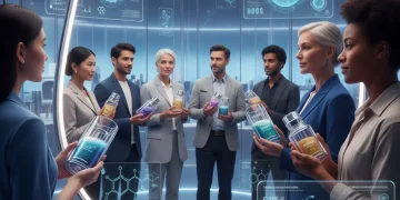 Mujeres y hombres de diversas edades examinando productos de cosmética personalizada en un entorno futurista.