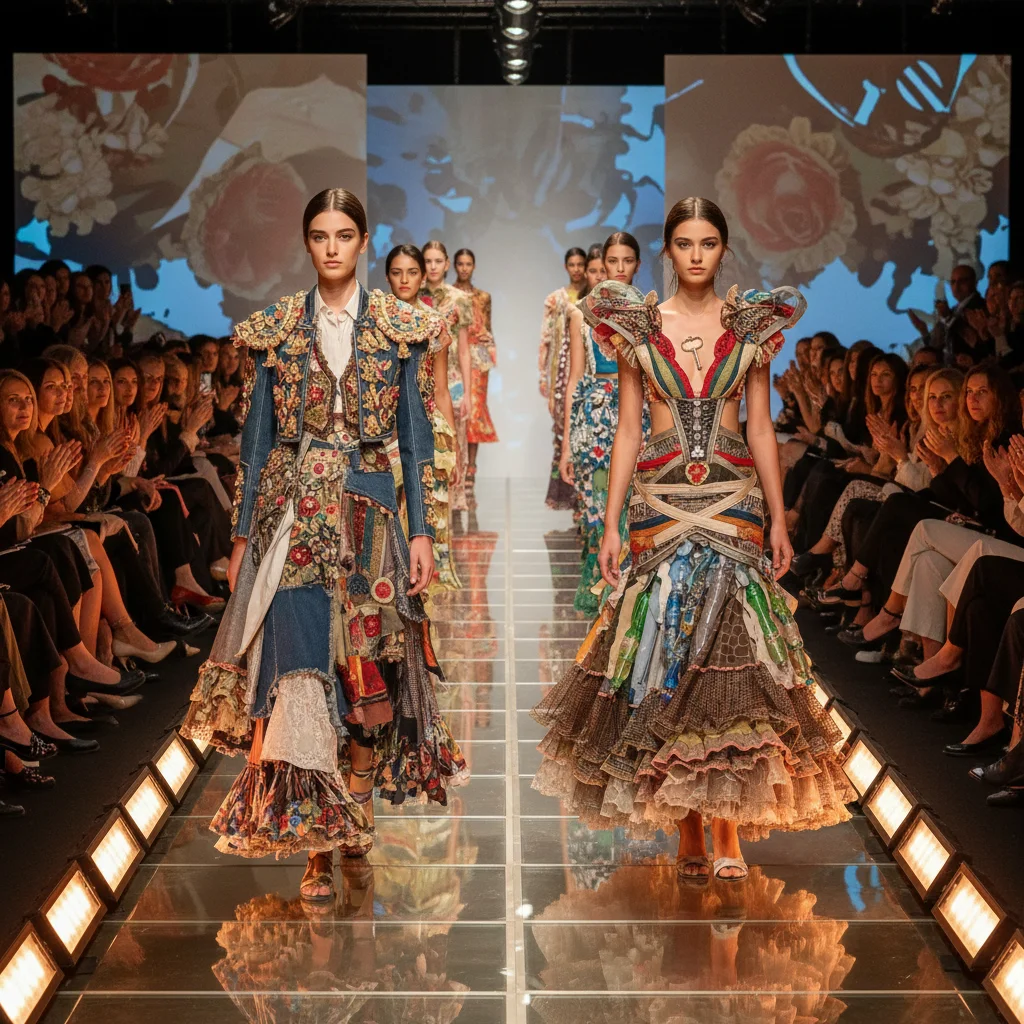 Modelos desfilando con diseños de moda upcycling española en una pasarela, resaltando la elegancia y originalidad de la ropa sostenible.