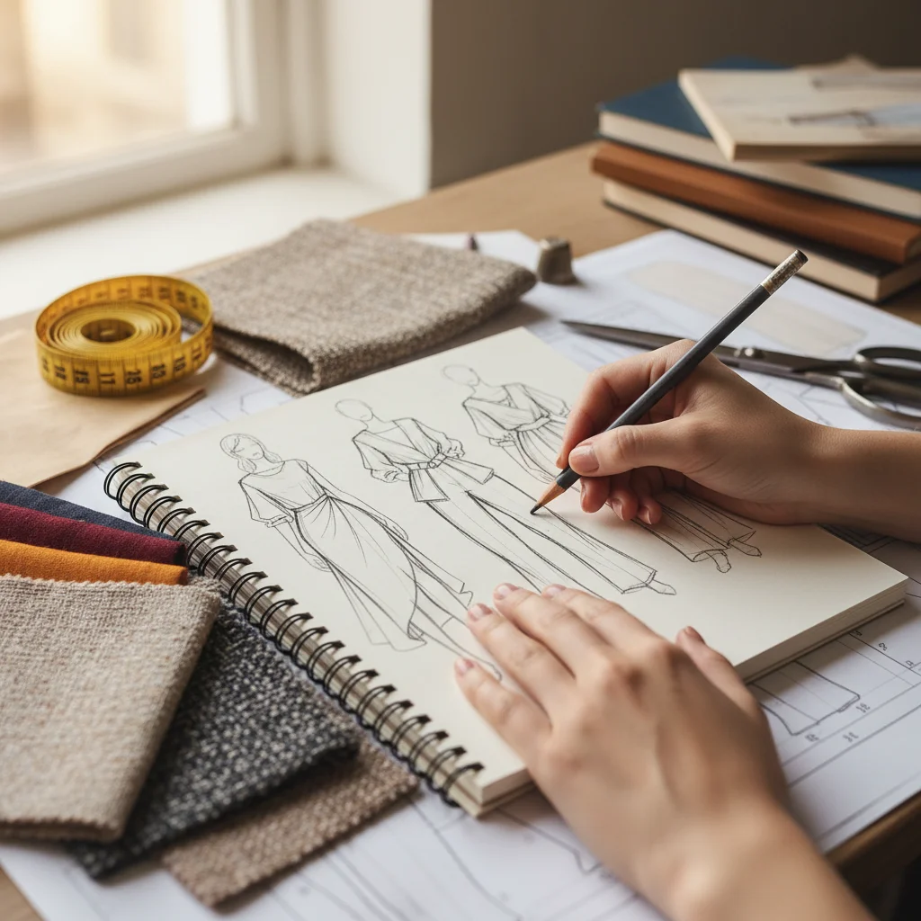 Diseñador de moda esbozando prendas para distintos tipos de cuerpo, destacando la personalización.