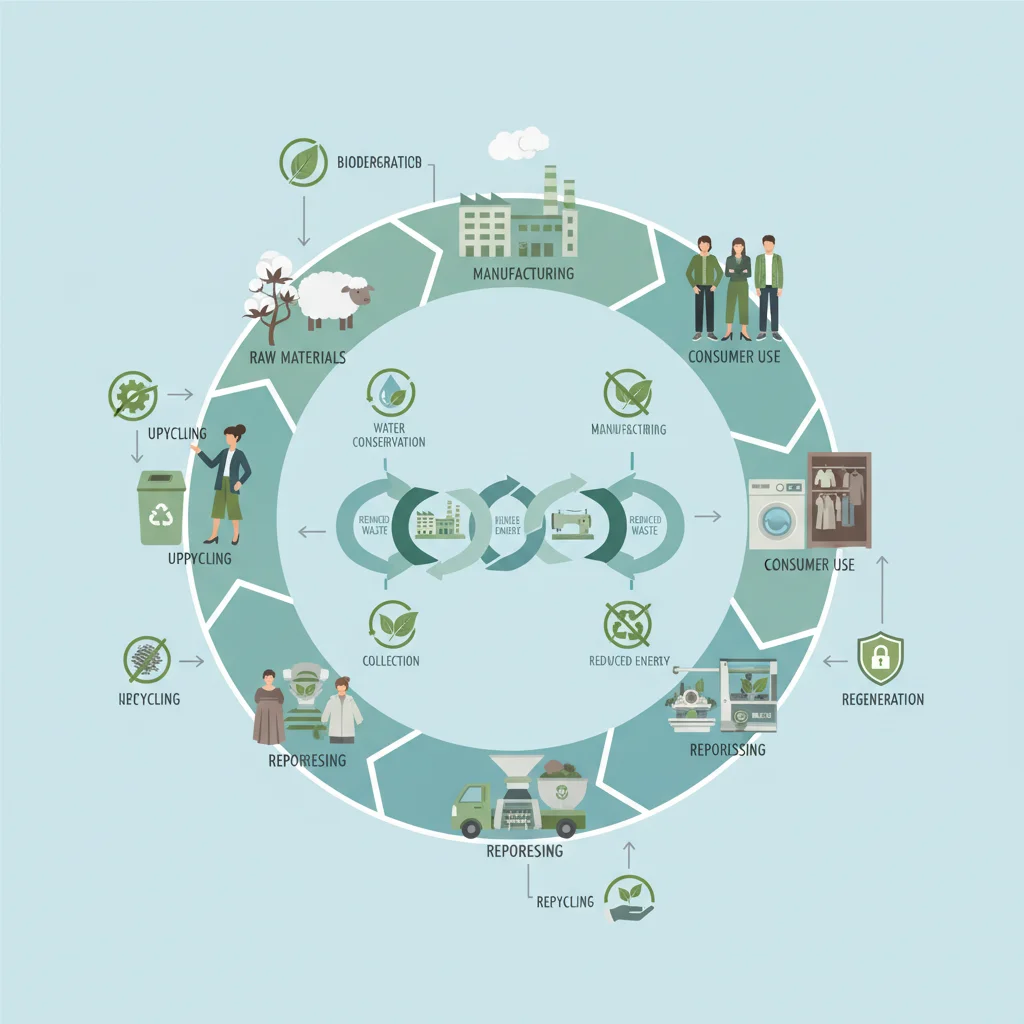 Diagrama de economía circular en la industria textil, representando reciclaje y sostenibilidad.