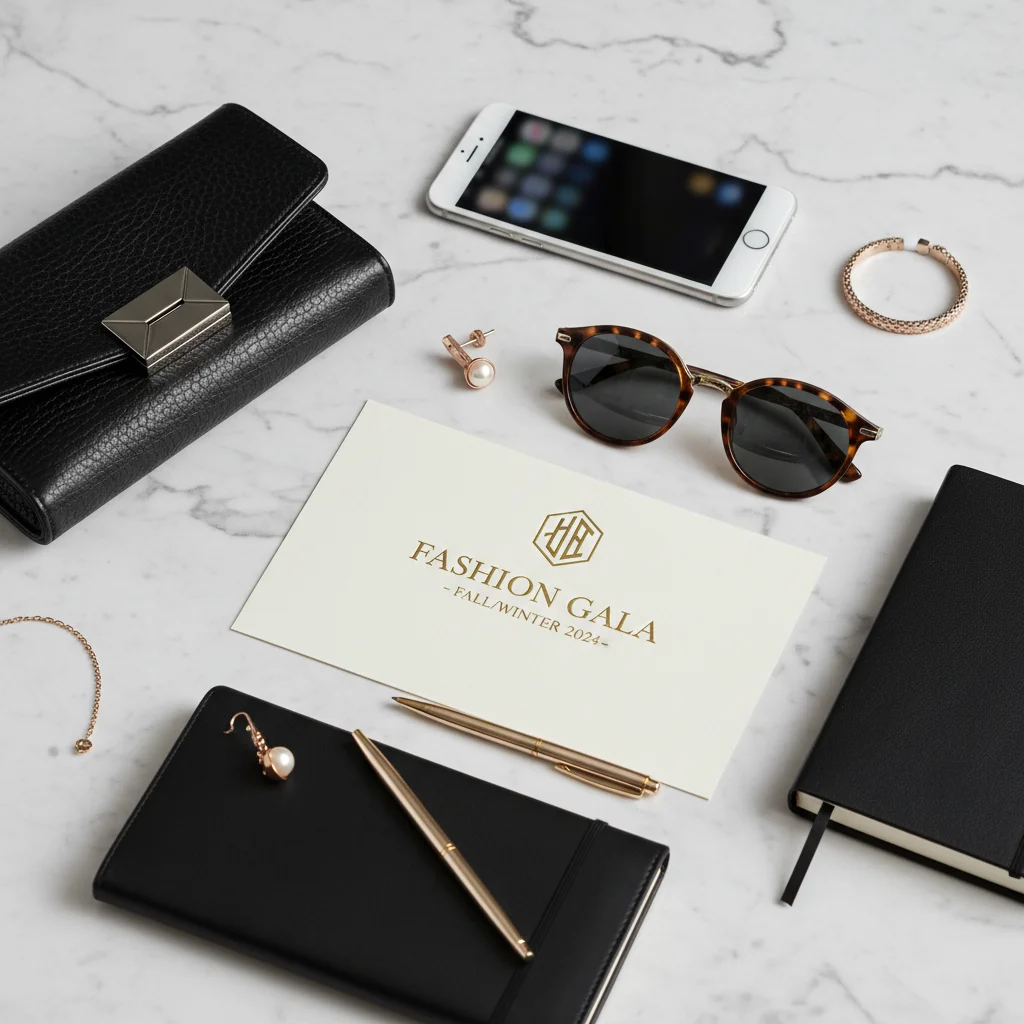 Flat lay con invitación a evento de moda, bolso de mano elegante, smartphone y gafas de sol de diseño, representando la preparación.