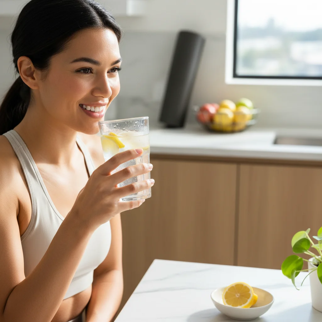 Persona bebiendo agua con limón, ilustrando la importancia de la hidratación para una piel sana.