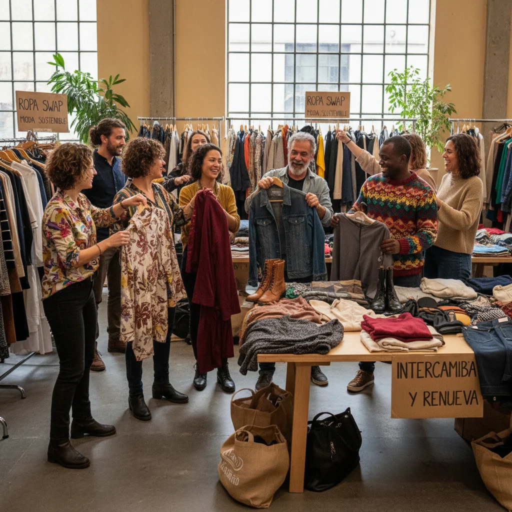 Grupo de amigos participando en un intercambio de ropa, promoviendo la moda sostenible y el ahorro.