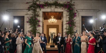 Invitados elegantemente vestidos en la entrada de un evento de moda exclusivo en España, con luces y ambiente sofisticado.