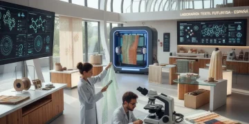 Laboratorio de investigación textil con materiales sostenibles en España, mostrando innovación y futuro.