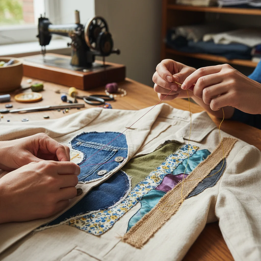 Manos expertas cosiendo retales de tela para crear un diseño upcycling único, simbolizando la transformación y el valor añadido.