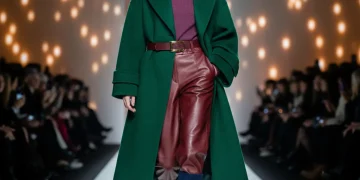 Modelo desfilando con un conjunto de moda Otoño Invierno 2026 en pasarela española, destacando texturas ricas y colores profundos.