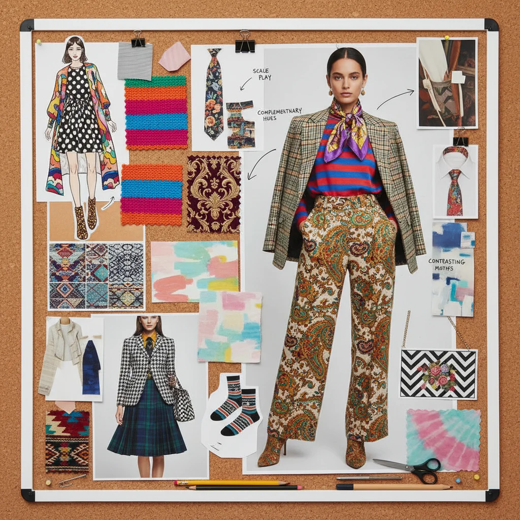 Panel de inspiración de moda con combinaciones avanzadas de patrones y colores.