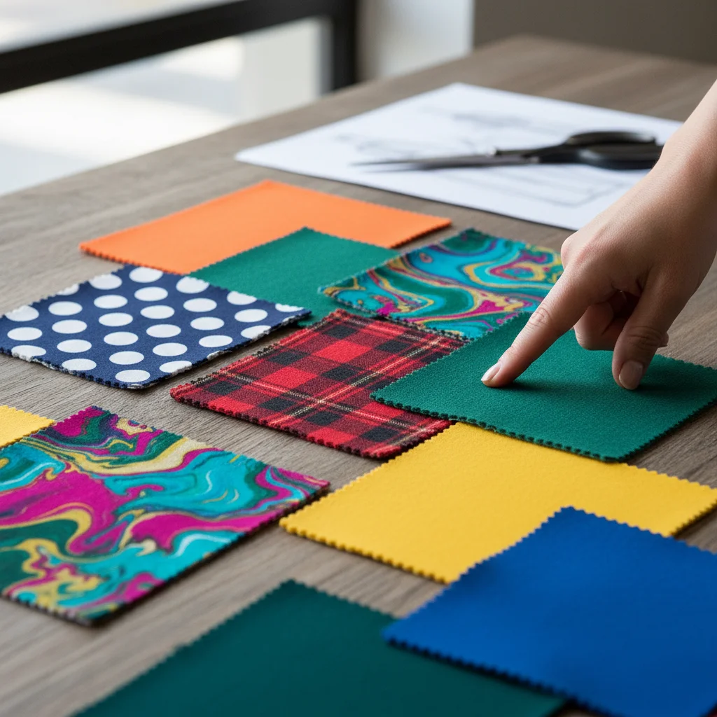 Muestras de tela con patrones y colores variados, ilustrando combinaciones armoniosas.