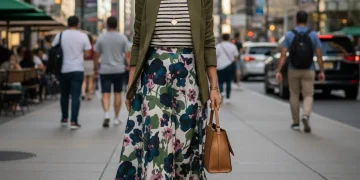 Mujer elegante combinando estampados florales y rayas con un blazer liso, estilo 2026.