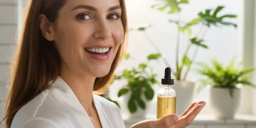 Mujer con piel radiante y joven, sosteniendo un producto antiedad, símbolo de transformación.