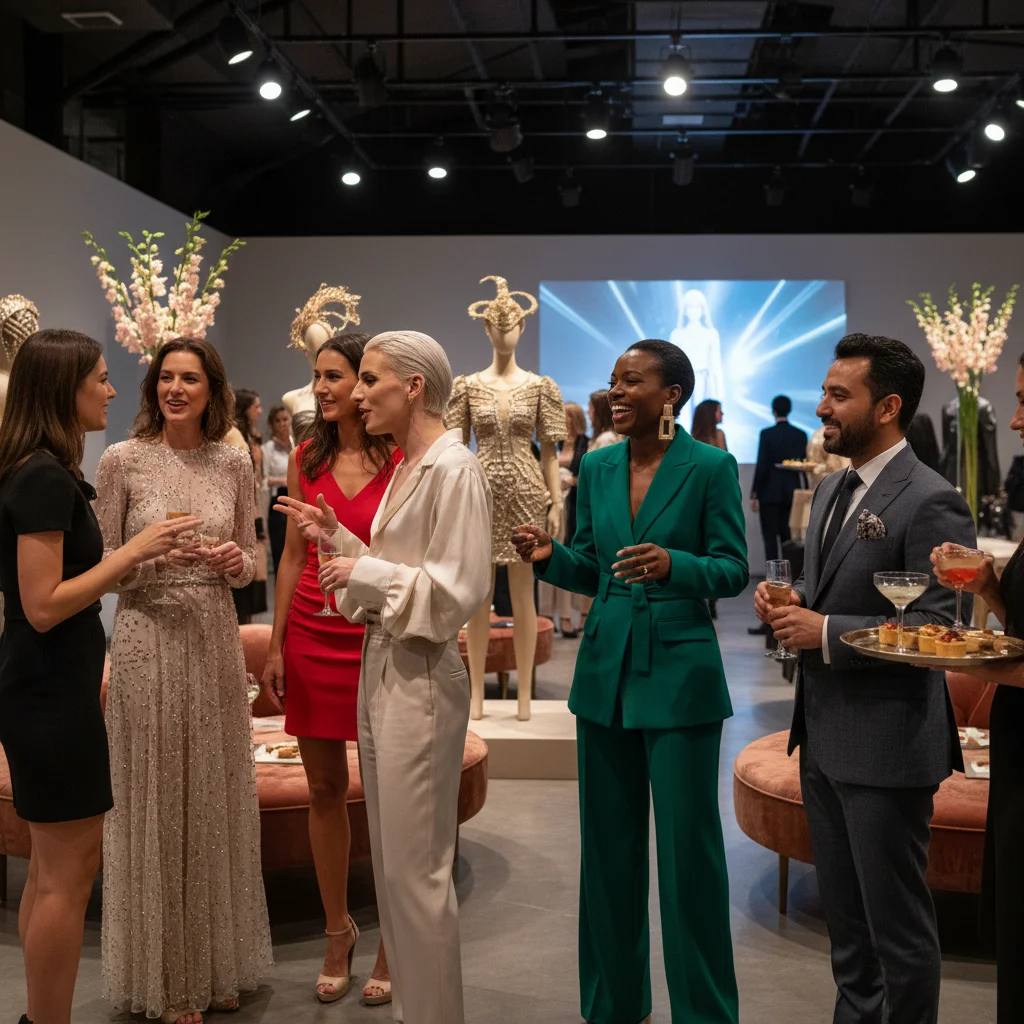 Profesionales de la moda interactuando y haciendo networking en un evento exclusivo, con un fondo de diseño moderno y elegante.