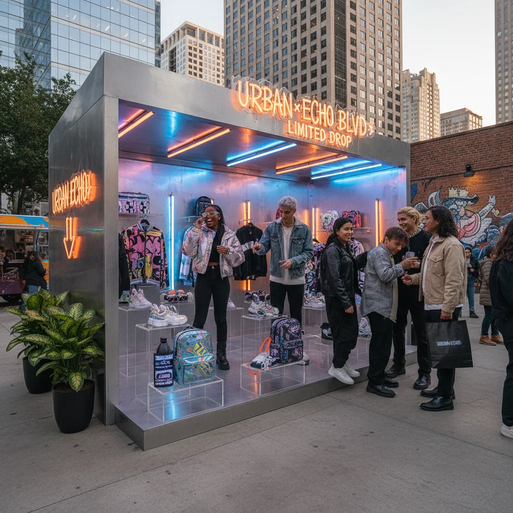 Personas explorando una tienda pop-up con una colaboración de moda de edición limitada.