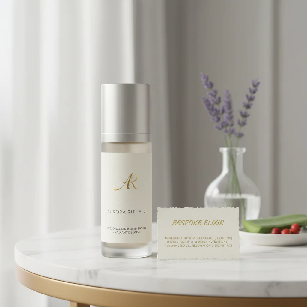 Envase de cosmética personalizada con etiqueta única y tarjeta de ingredientes en tocador elegante.