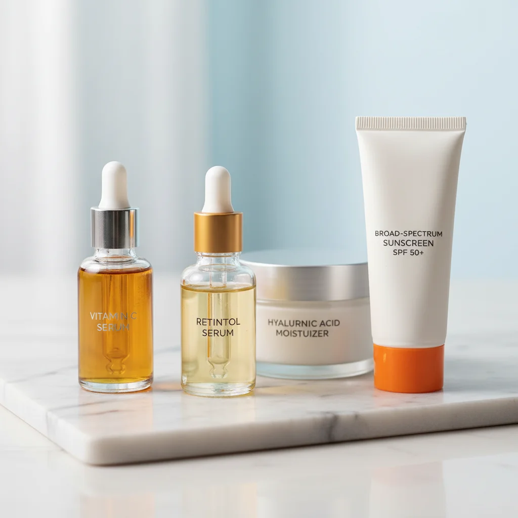 Productos antiedad esenciales: sérum de retinol, vitamina C, ácido hialurónico y protector solar.