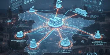 Red de cadena de suministro interconectada con nodos digitales y flujo de datos, representando la trazabilidad y transparencia en España.