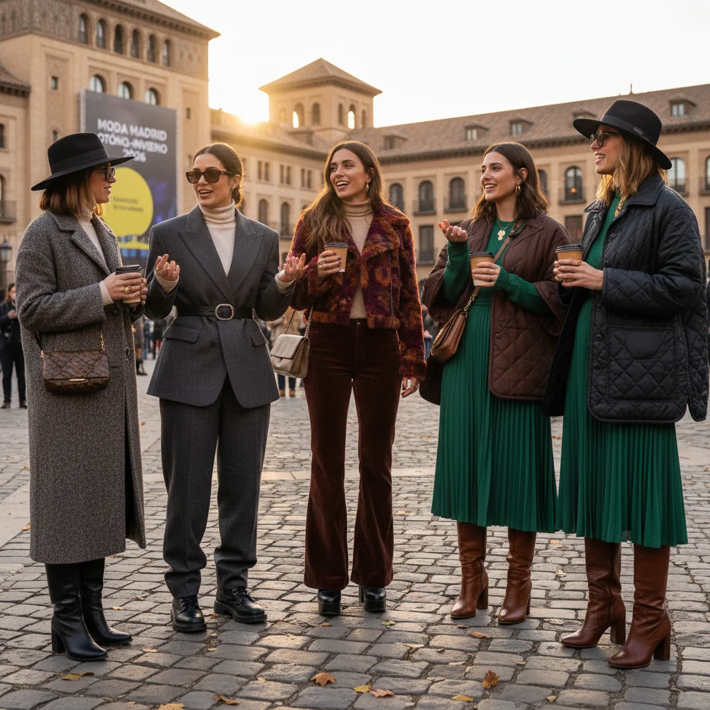 Asistentes a un evento de moda español luciendo estilos vanguardistas de Otoño Invierno 2026, capturando la esencia del street style.