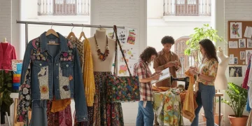 Diseñadores españoles creando prendas upcycling innovadoras en un estudio luminoso, mostrando la creatividad y el futuro sostenible de la moda.