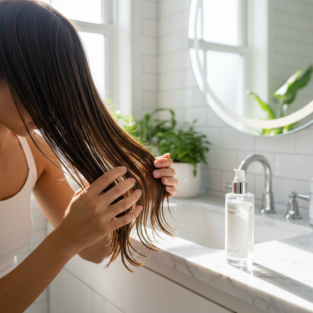 Persona aplicando suero capilar para mejorar el brillo y la salud del cabello.