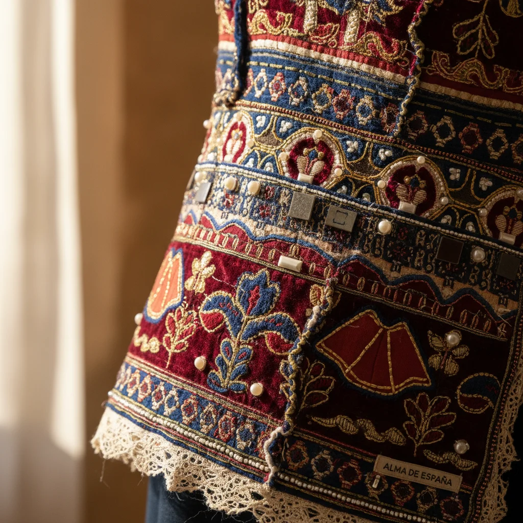 Detalles intrincados y artesanía de alta calidad en una prenda de moda española local.