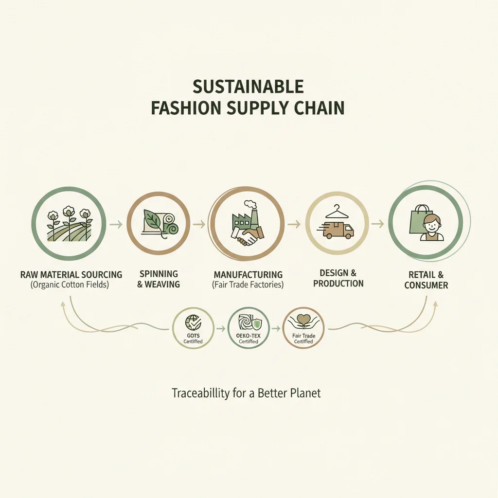 Infografía de la cadena de suministro de moda sostenible con certificaciones clave como GOTS, OEKO-TEX y Fair Trade, destacando la trazabilidad.