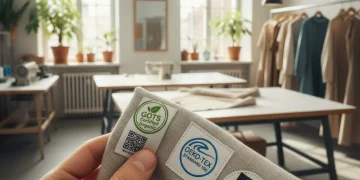 Mano sosteniendo tejido sostenible con etiquetas de certificación en un taller de moda eco-friendly en España, simbolizando transparencia y responsabilidad.