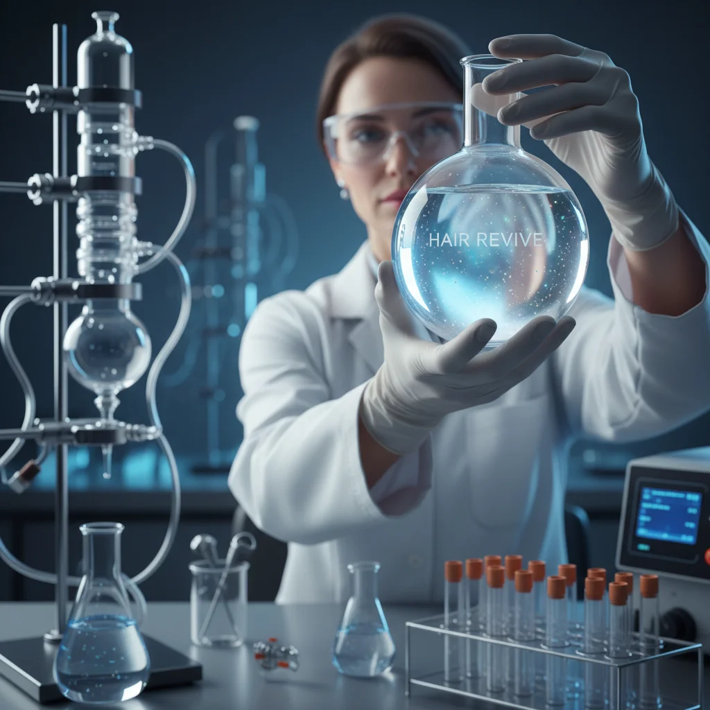 Científico en laboratorio con un líquido brillante, representando una fórmula innovadora para el cabello.
