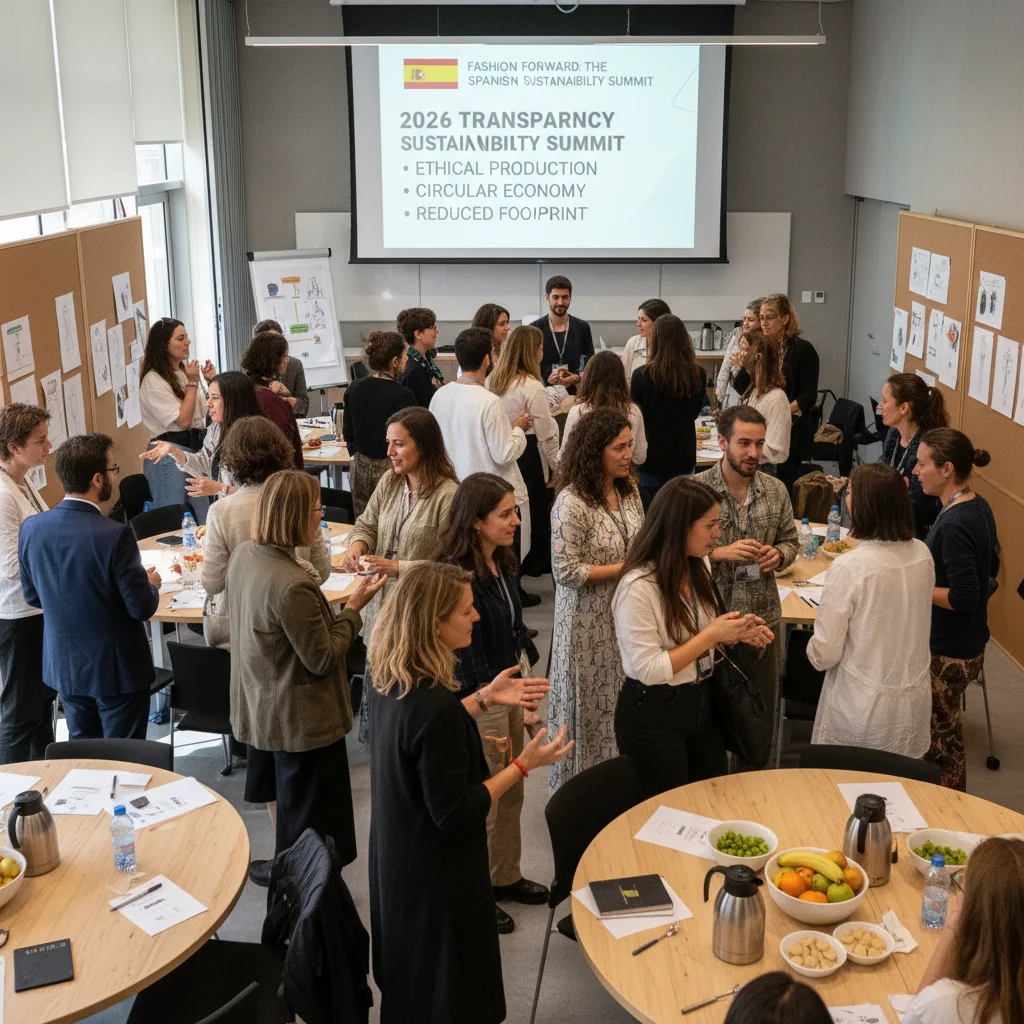 Grupo de profesionales y consumidores debatiendo sobre objetivos de transparencia en moda sostenible en un evento en España, fomentando la colaboración.