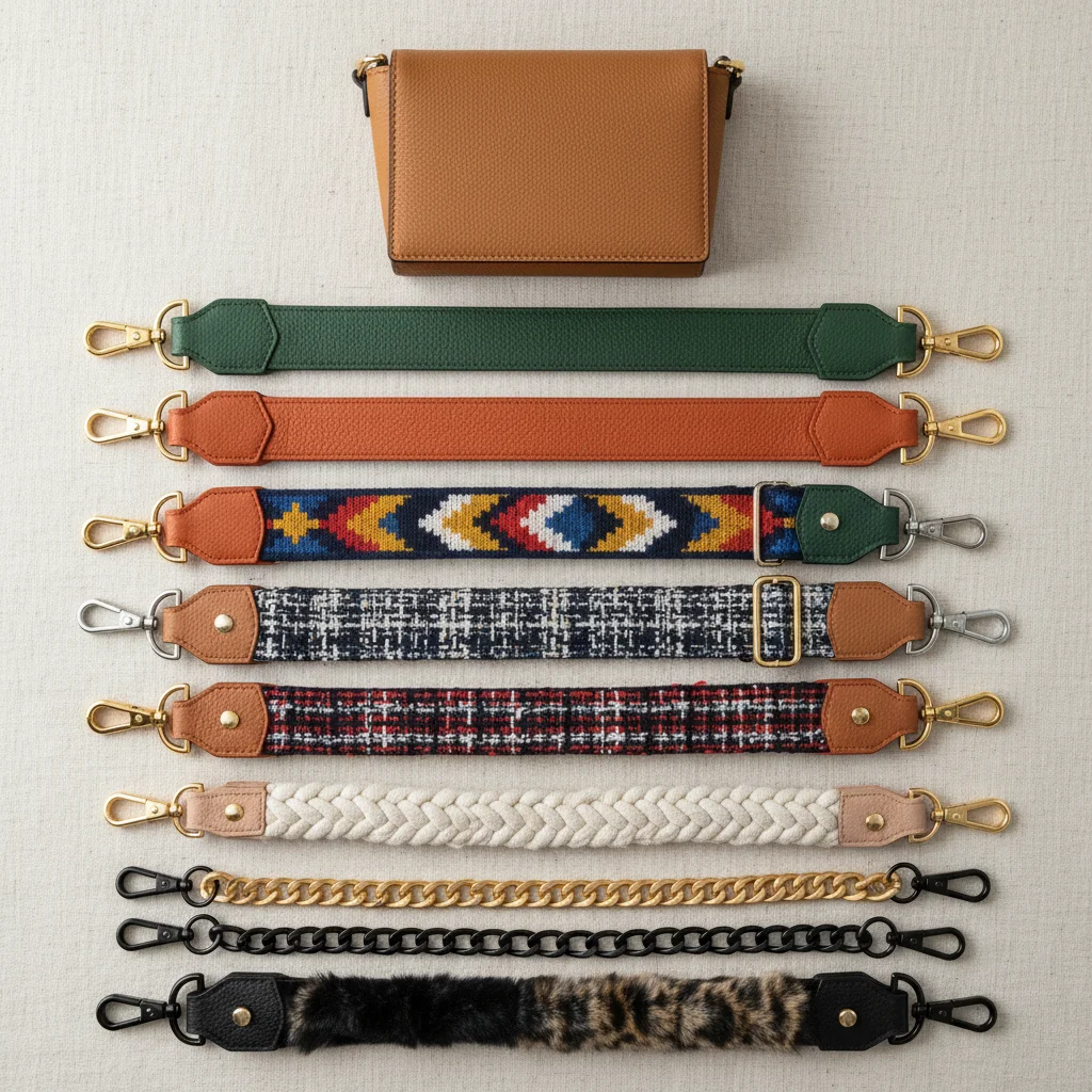 Variedad de correas de bolso intercambiables en diferentes colores y texturas, mostrando opciones de personalización.