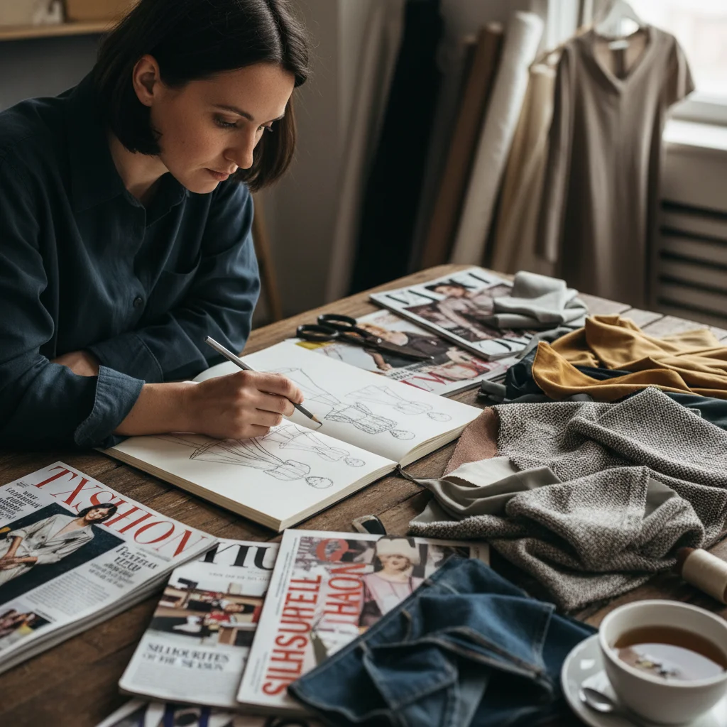 Persona diseñando en cuaderno, rodeada de telas y revistas de moda