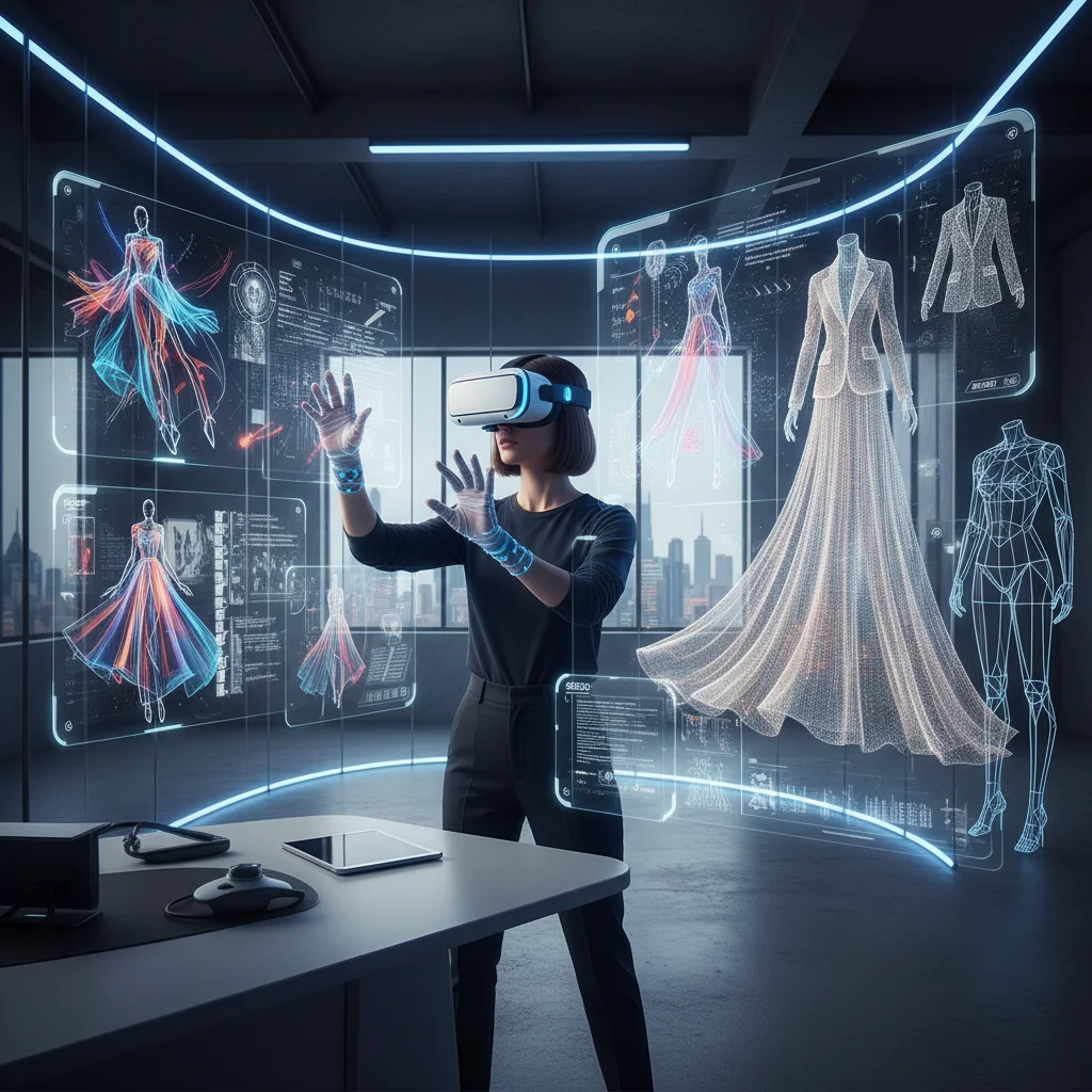 Diseñador de moda utilizando realidad virtual para crear una colección digital