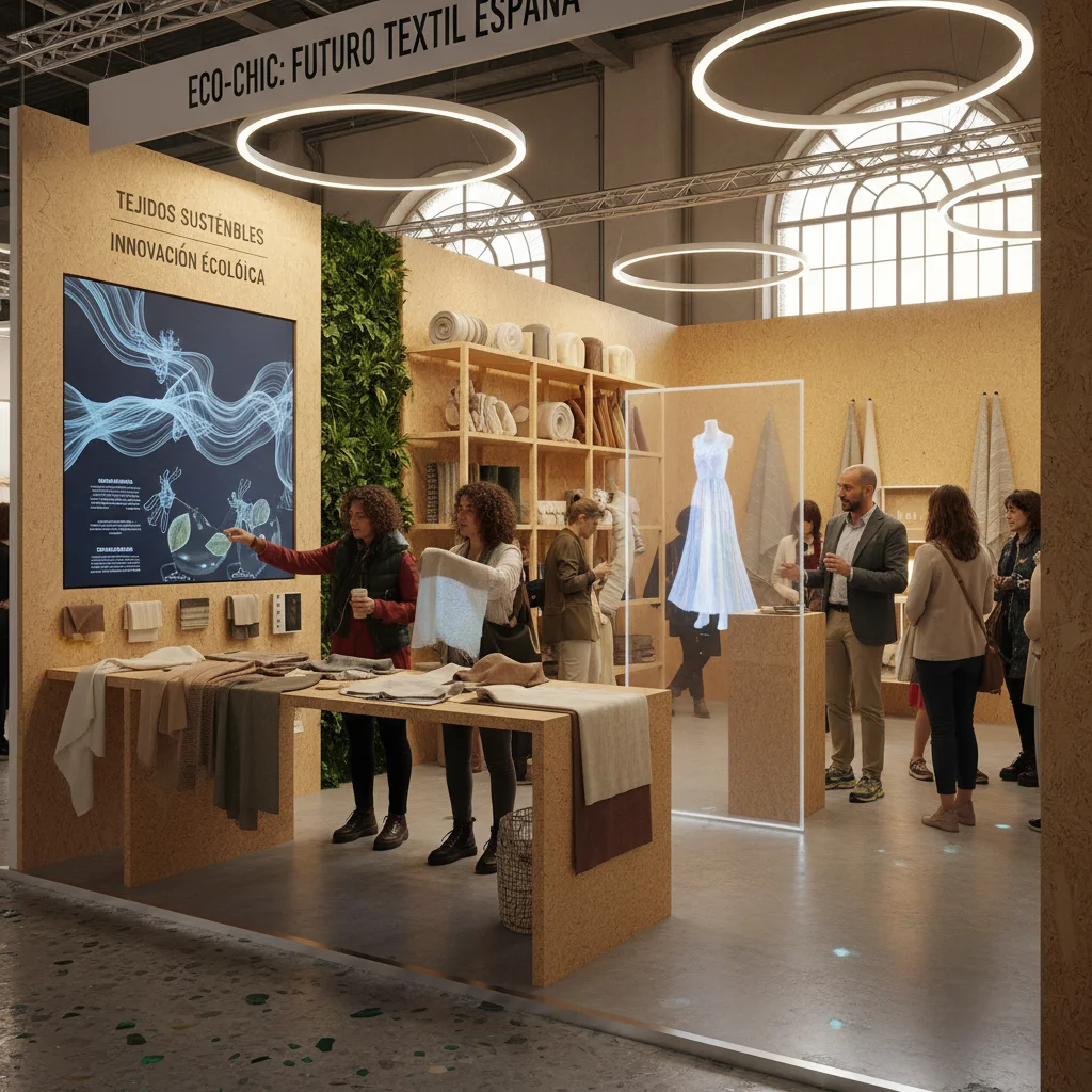 Expositores presentando materiales sostenibles en una feria de moda en España.
