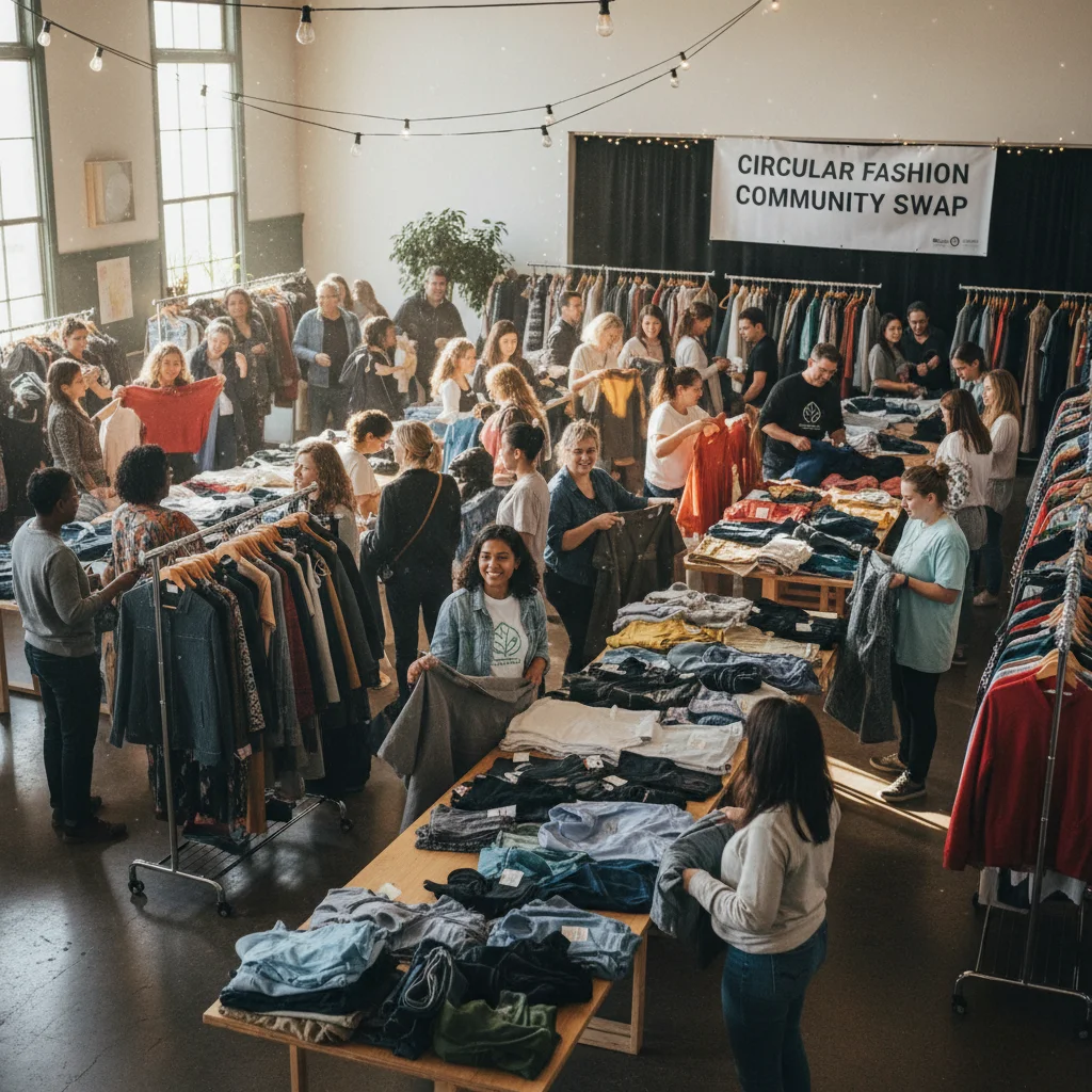 Grupo de personas felices participando en un intercambio de ropa, promoviendo la moda circular