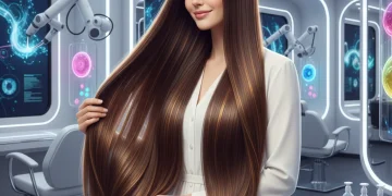 Mujer con cabello brillante y saludable, reflejando la luz en un entorno de salón futurista.