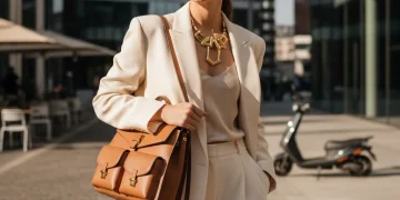 Mujer elegante luciendo un collar llamativo, un bolso versátil y gafas de sol de diseño, destacando accesorios clave para el estilo personal.