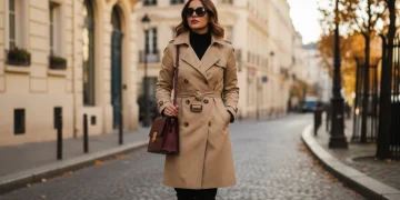Mujer con gabardina clásica caminando por calle adoquinada, estilo atemporal
