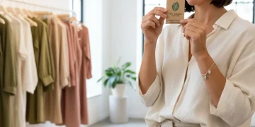 Mujer examinando etiqueta de ropa sostenible, símbolo de consumo consciente en moda