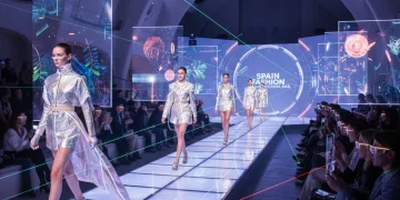 Pasarela de moda futurista en España 2026 con proyecciones holográficas y luz interactiva