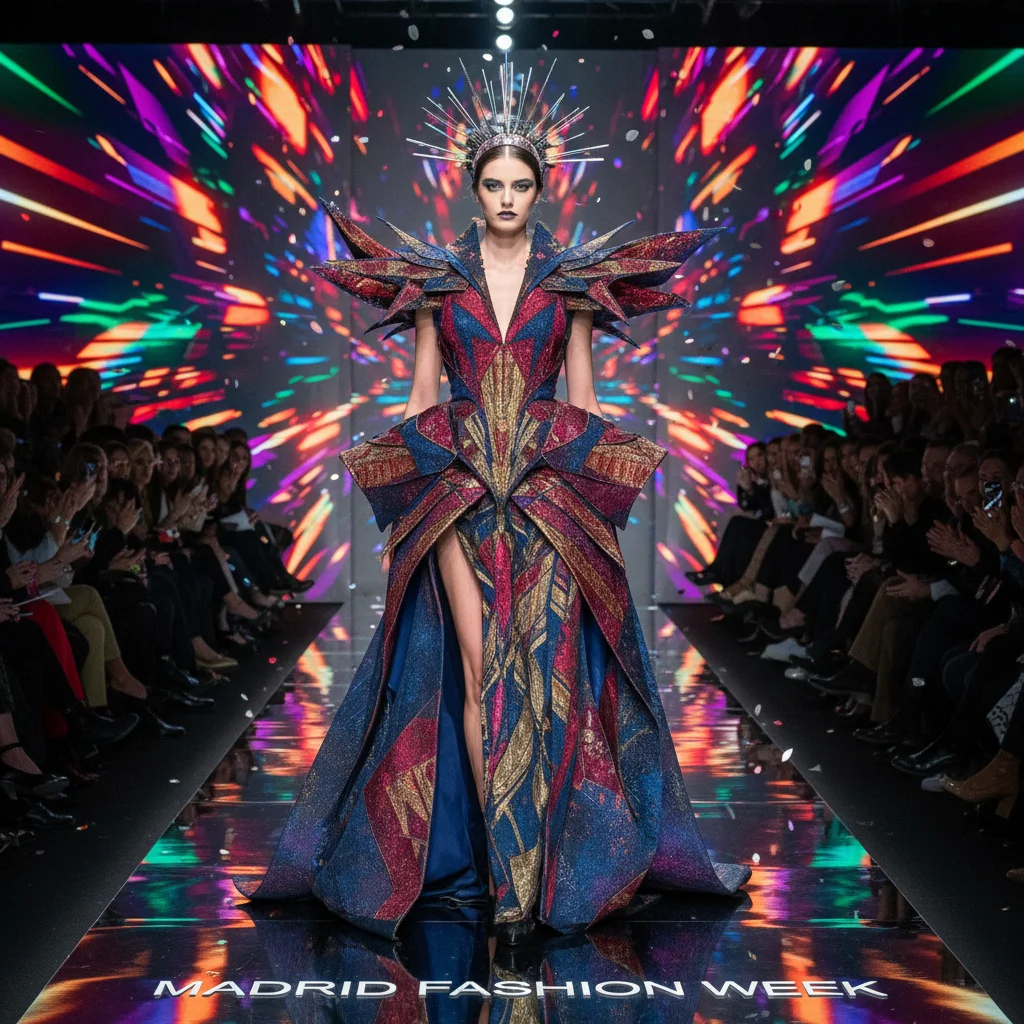 Modelo desfilando una creación innovadora en una pasarela de moda española.