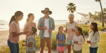 Grupo diverso de personas disfrutando del sol de forma segura con protección solar inteligente.