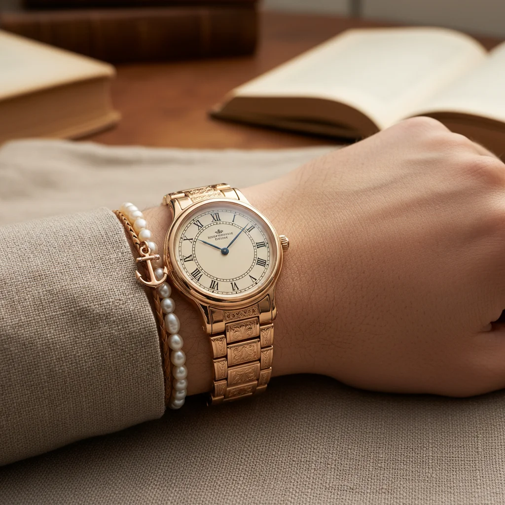 Reloj de pulsera clásico y elegante con detalles finos, símbolo de sofisticación atemporal.