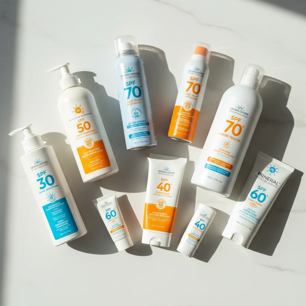 Variedad de protectores solares con diferentes factores SPF.