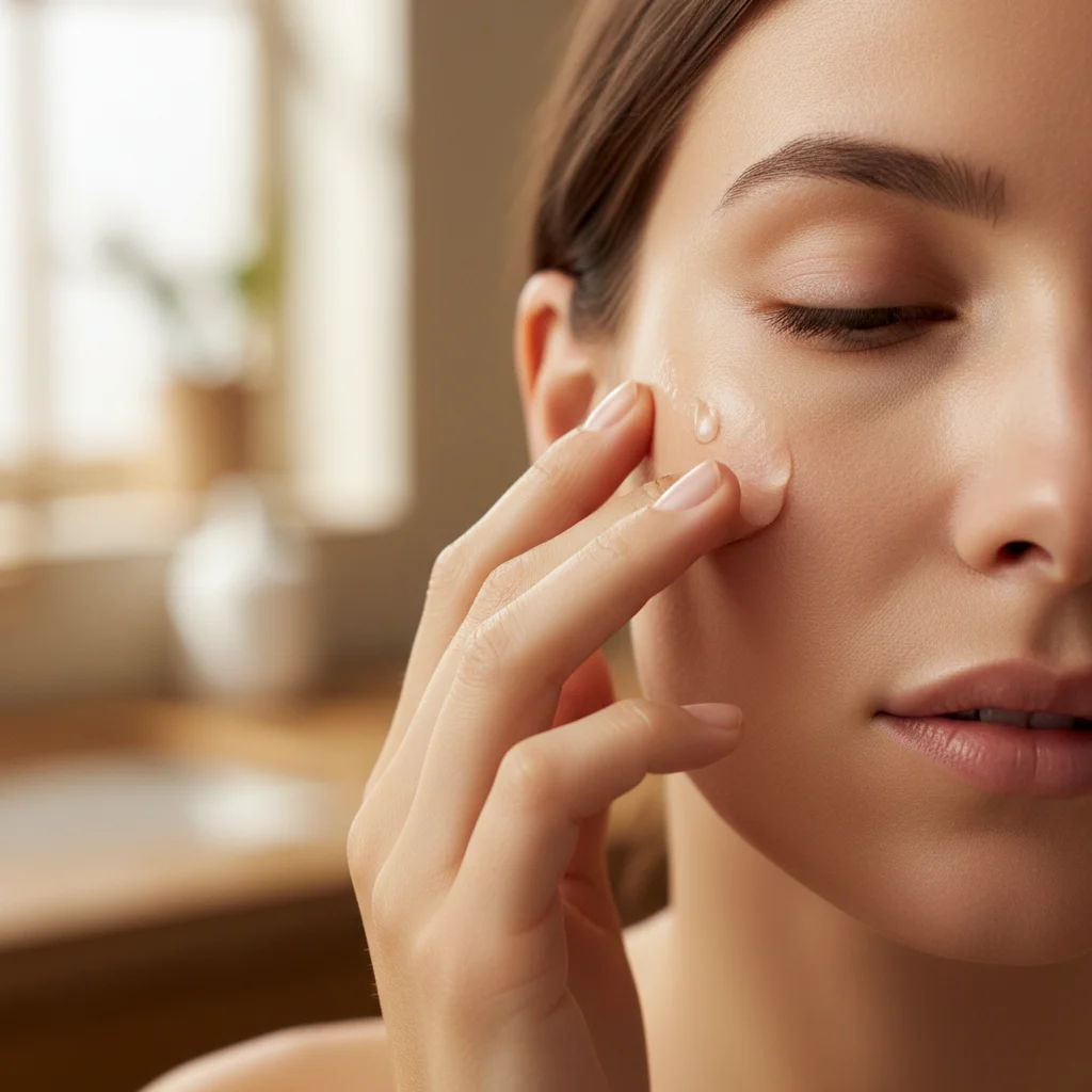 Aplicación de serum facial en la piel, mostrando una técnica correcta para maximizar la absorción y los beneficios.