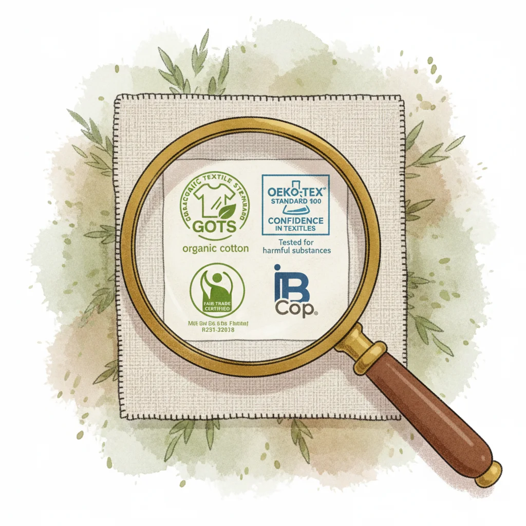 Ilustración de certificaciones textiles ecológicas como GOTS y Oeko-Tex