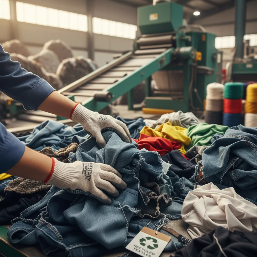 Manos clasificando desechos textiles para reciclaje y valorización en la industria.