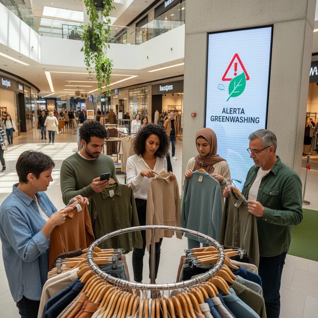 Consumidores examinando etiquetas de ropa para evitar el greenwashing en moda